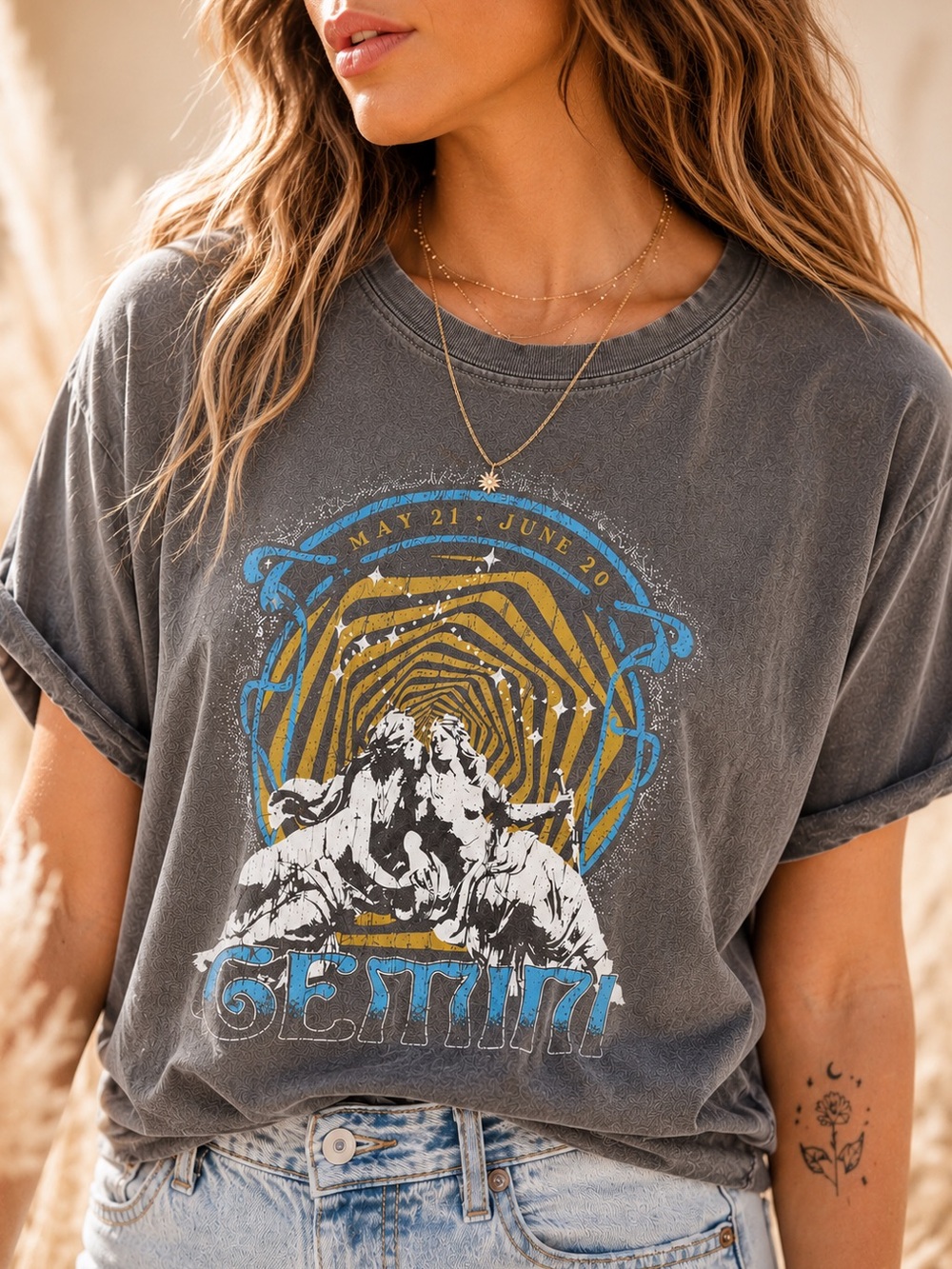 Girl Dangerous Gray Gemini Tee Zodiac Graphic Distressed T-Shirt Small